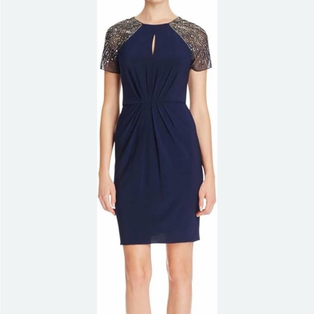 JS Boutique Elegant Navy Blue Beaded Cocktail Formal Dress